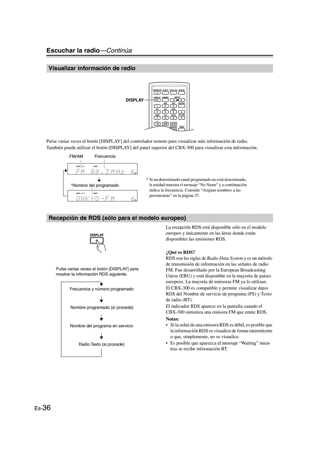Onkyo CBX-300 Visualizar información de radio, Recepción de RDS sólo para el modelo europeo, ¿Qué es RDS? 