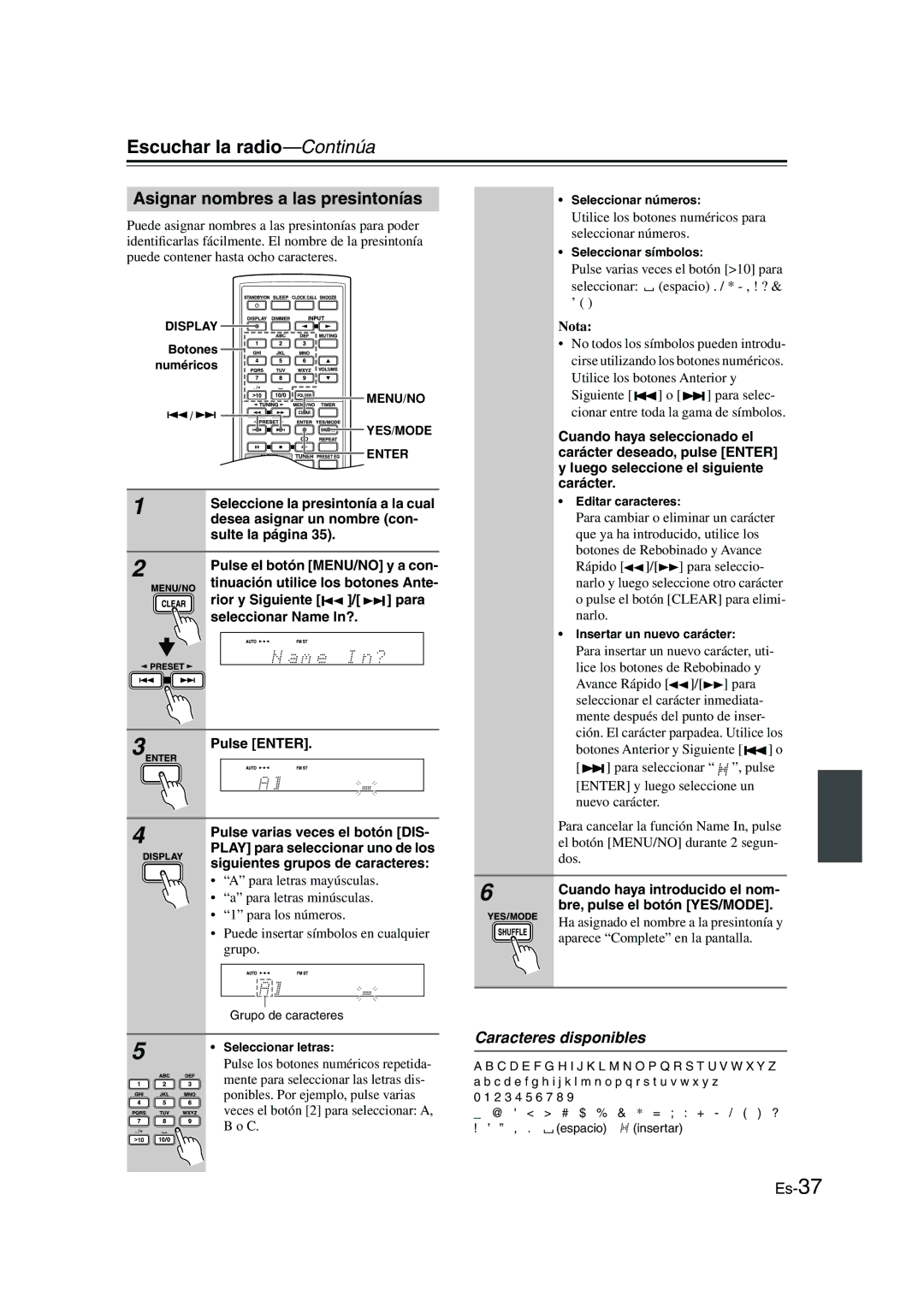 Onkyo CBX-300 instruction manual Asignar nombres a las presintonías, Caracteres disponibles 