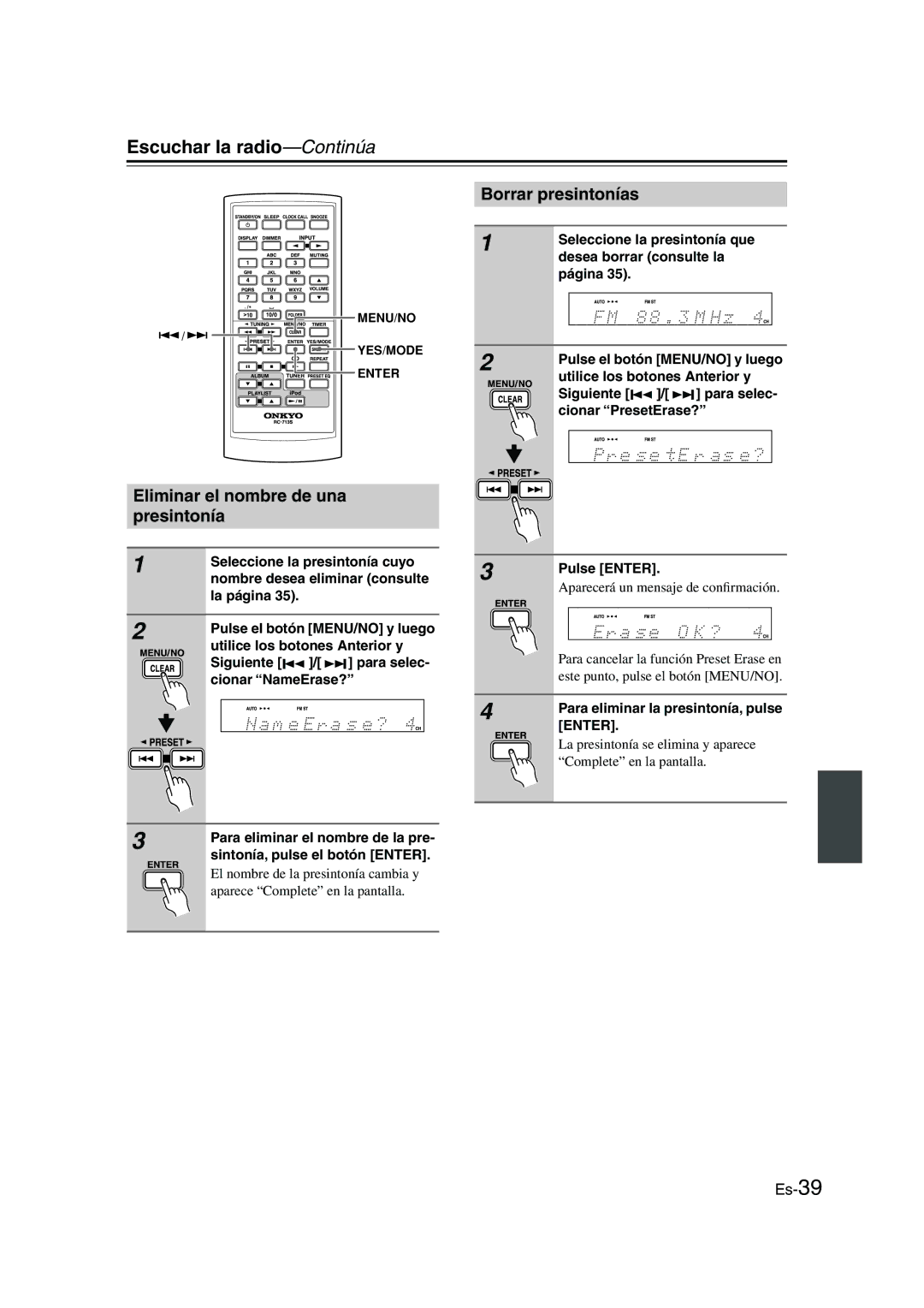 Onkyo CBX-300 instruction manual Borrar presintonías, Eliminar el nombre de una presintonía, Seleccione la presintonía cuyo 