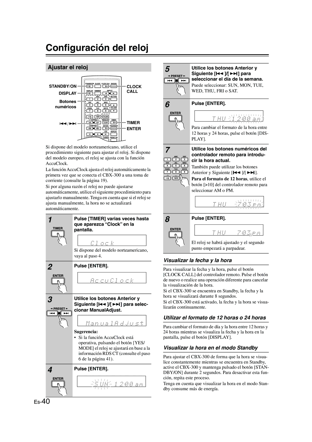 Onkyo CBX-300 instruction manual Conﬁguración del reloj, Ajustar el reloj, Visualizar la fecha y la hora 