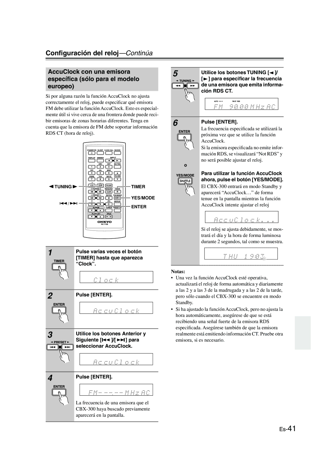 Onkyo CBX-300 instruction manual Conﬁguración del reloj-Continúa 