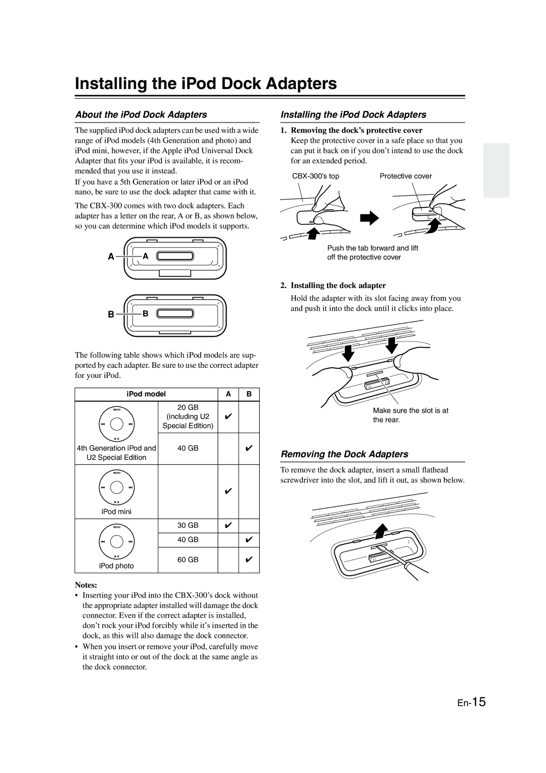 Onkyo CBX-300 Installing the iPod Dock Adapters, About the iPod Dock Adapters, Removing the Dock Adapters 