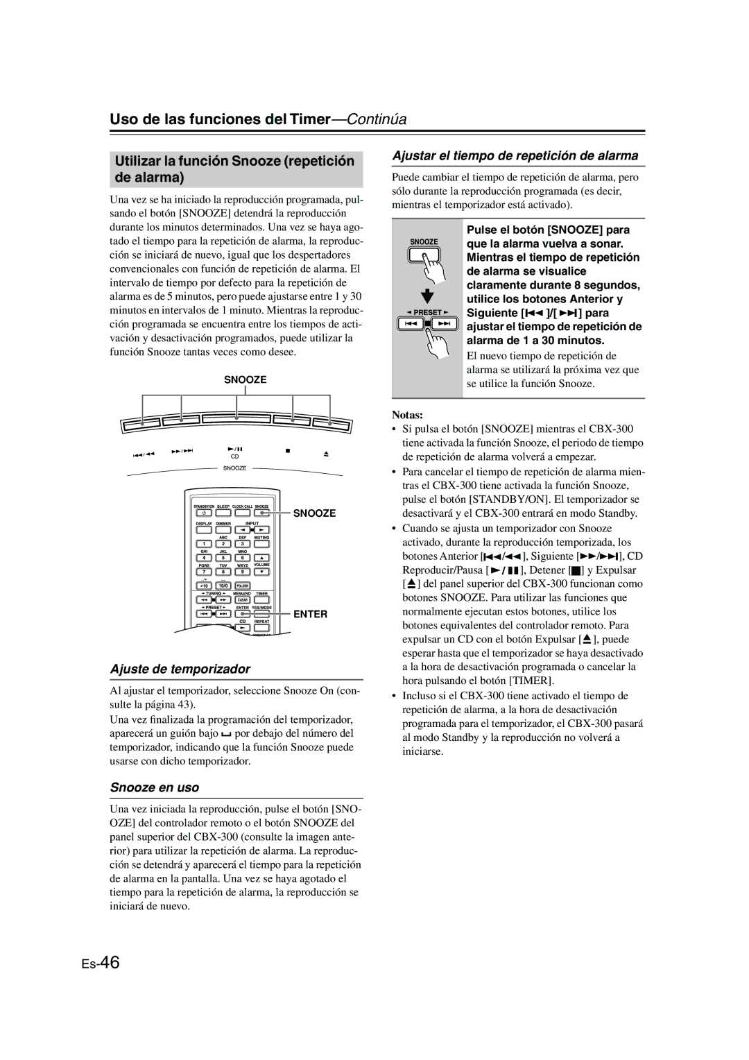 Onkyo CBX-300 instruction manual Utilizar la función Snooze repetición de alarma, Ajuste de temporizador, Snooze en uso 