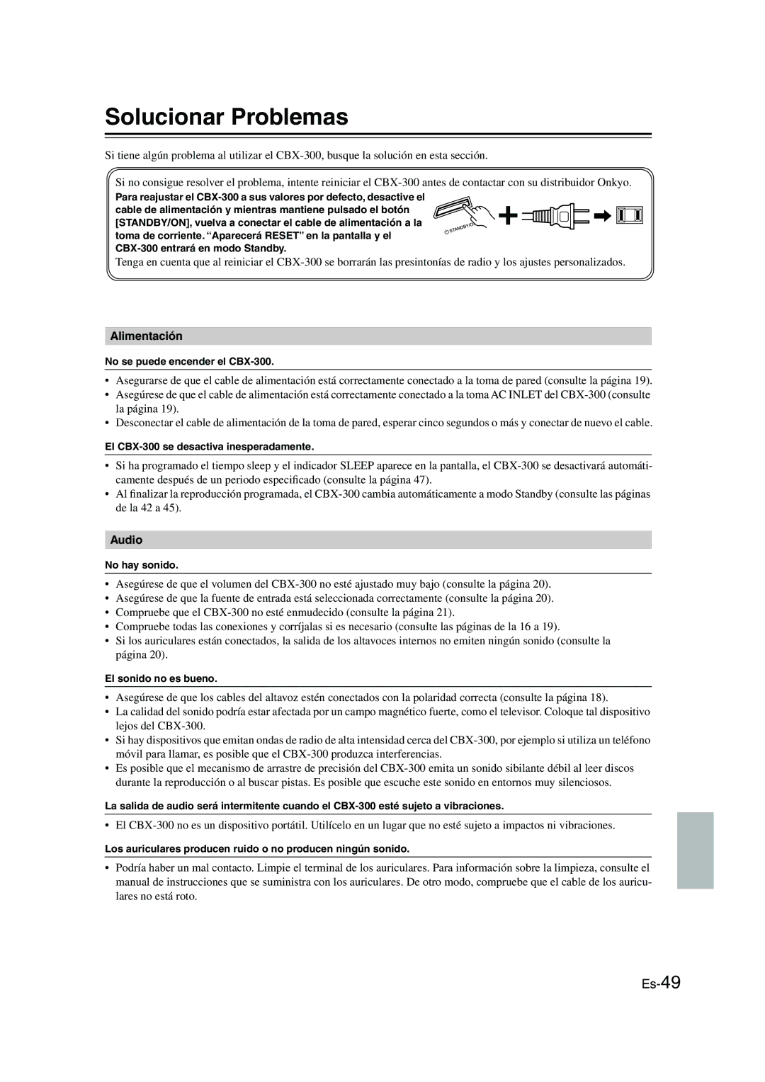 Onkyo CBX-300 instruction manual Solucionar Problemas, Alimentación 