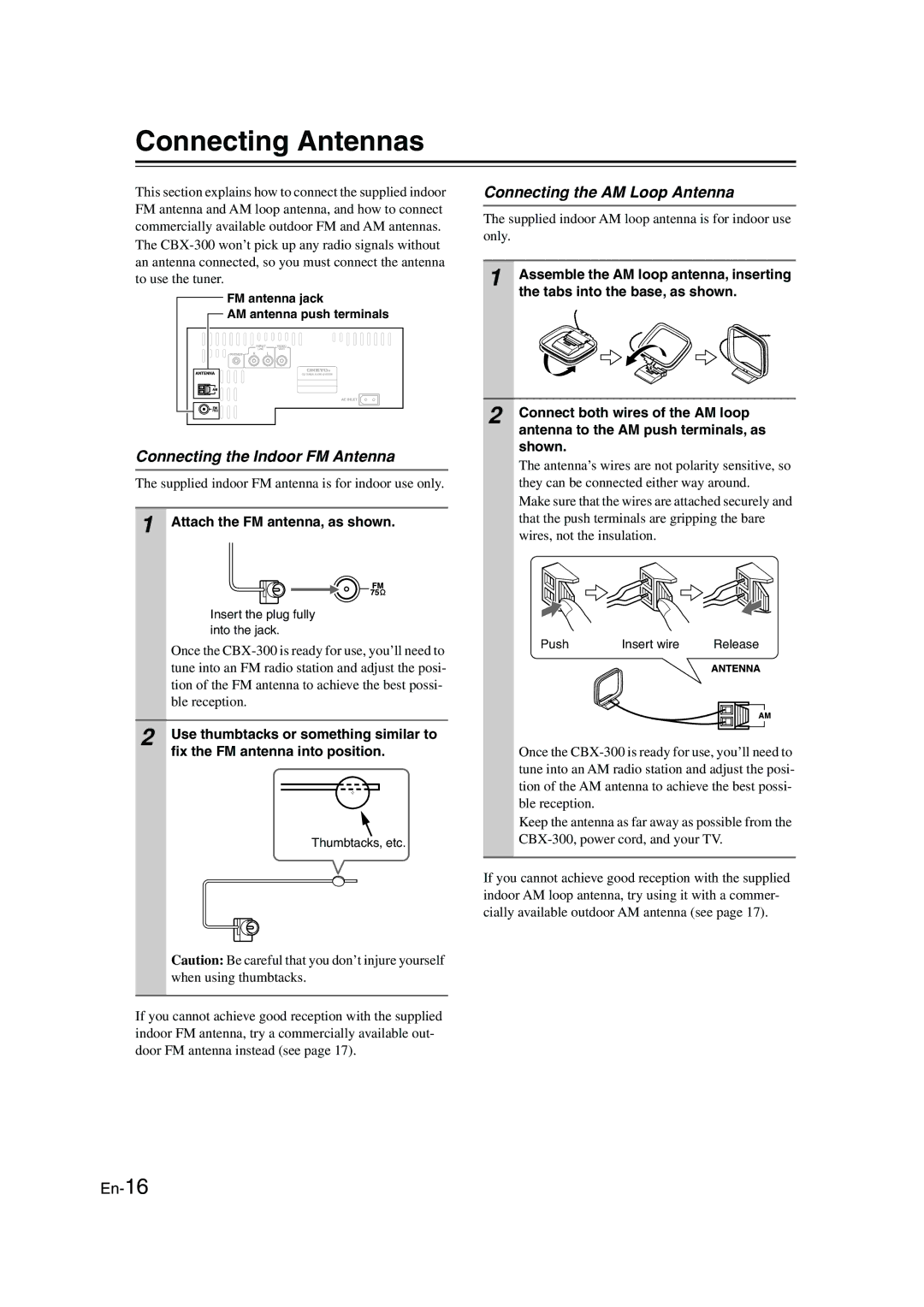 Onkyo CBX-300 instruction manual Connecting Antennas, Connecting the AM Loop Antenna, Connecting the Indoor FM Antenna 