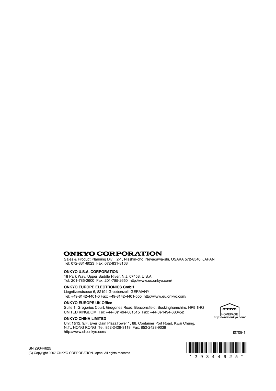 Onkyo CBX-300 instruction manual Onkyo Europe Electronics GmbH, Onkyo Europe UK Office 