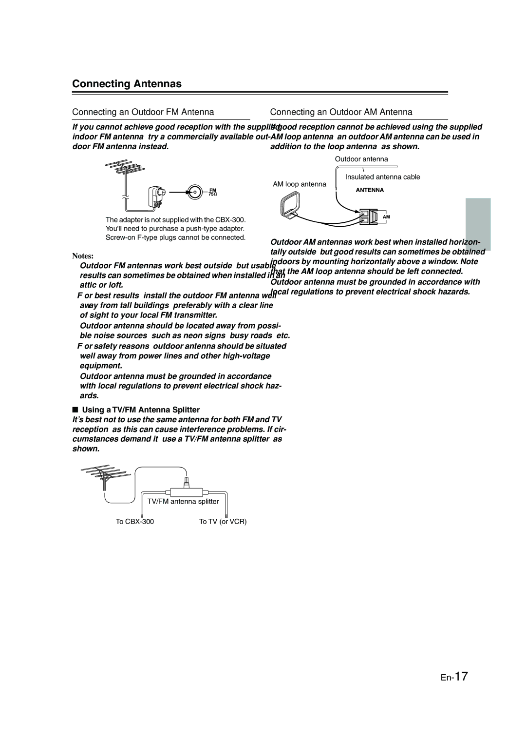 Onkyo CBX-300 instruction manual Connecting Antennas, Connecting an Outdoor FM Antenna, Connecting an Outdoor AM Antenna 