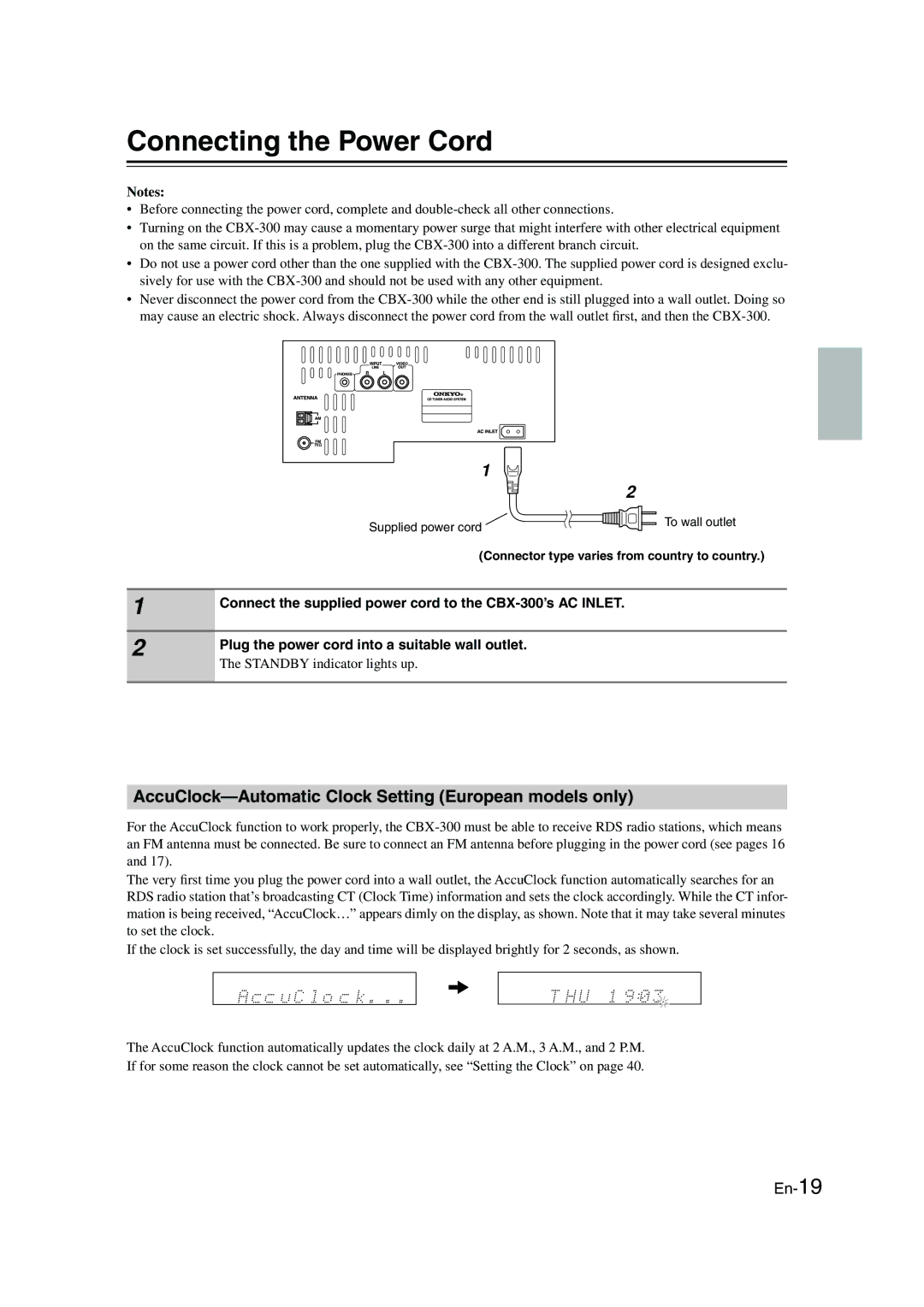 Onkyo CBX-300 instruction manual Connecting the Power Cord, AccuClock-Automatic Clock Setting European models only 