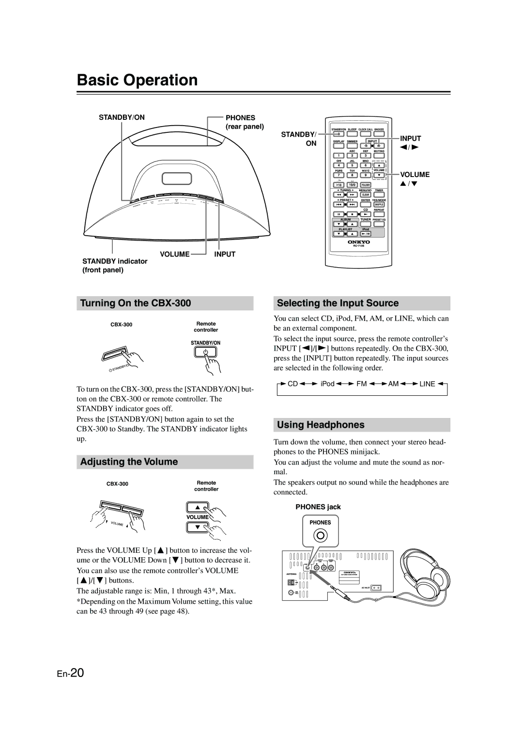 Onkyo Basic Operation, Turning On the CBX-300, Adjusting the Volume, Selecting the Input Source, Using Headphones 