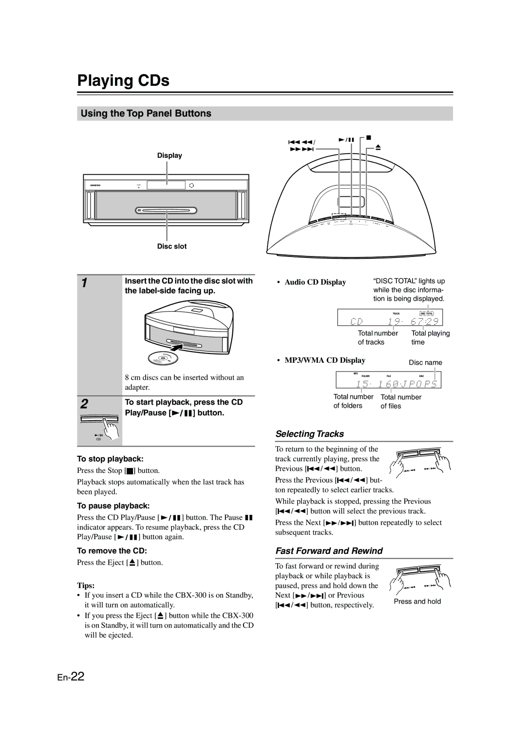 Onkyo CBX-300 instruction manual Playing CDs, Using the Top Panel Buttons, Selecting Tracks, Fast Forward and Rewind 