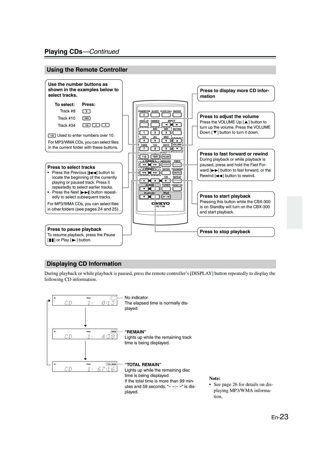 Onkyo CBX-300 instruction manual Playing CDs, Using the Remote Controller, Displaying CD Information 