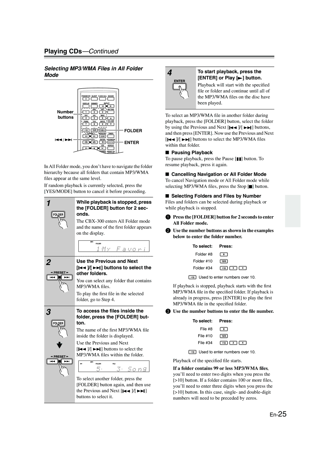 Onkyo CBX-300 instruction manual Selecting MP3/WMA Files in All Folder Mode 