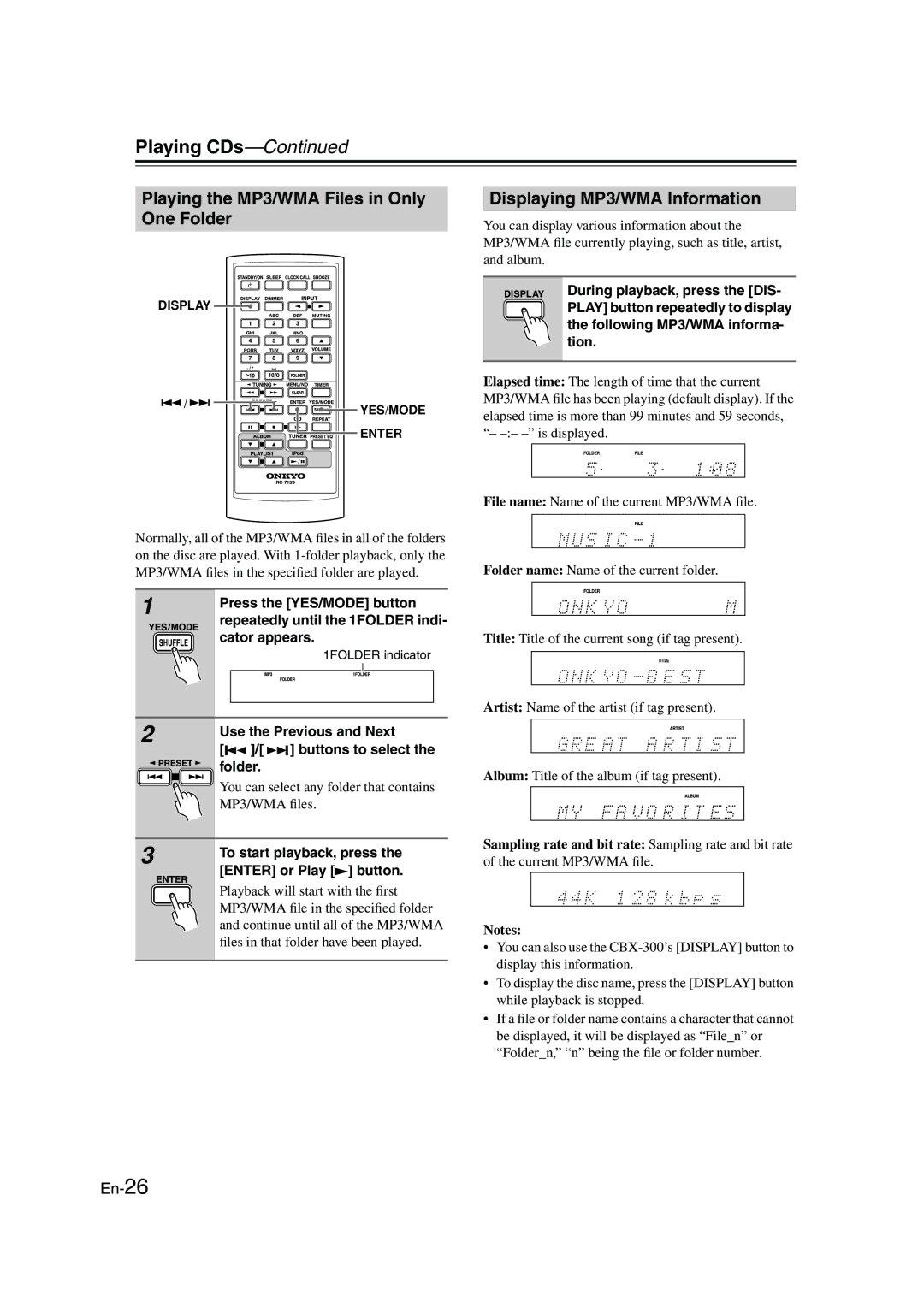 Onkyo CBX-300 instruction manual Playing the MP3/WMA Files in Only One Folder, Displaying MP3/WMA Information 