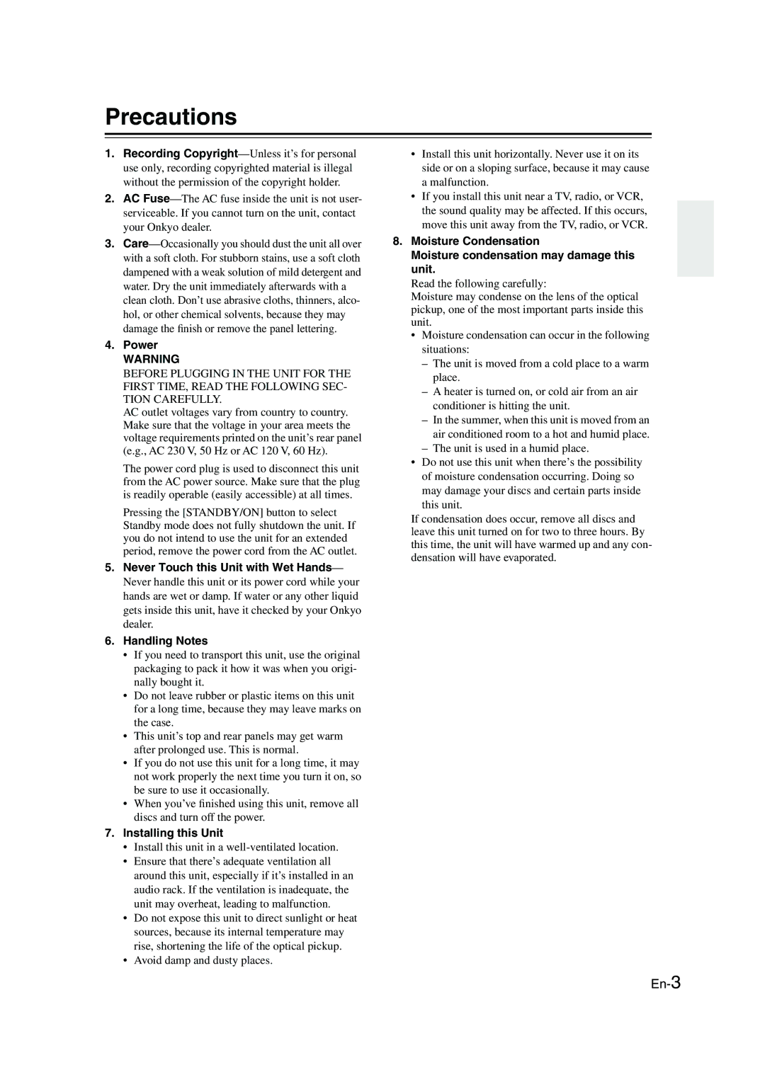 Onkyo CBX-300 Precautions, Power, Never Touch this Unit with Wet Hands, Handling Notes, Installing this Unit 