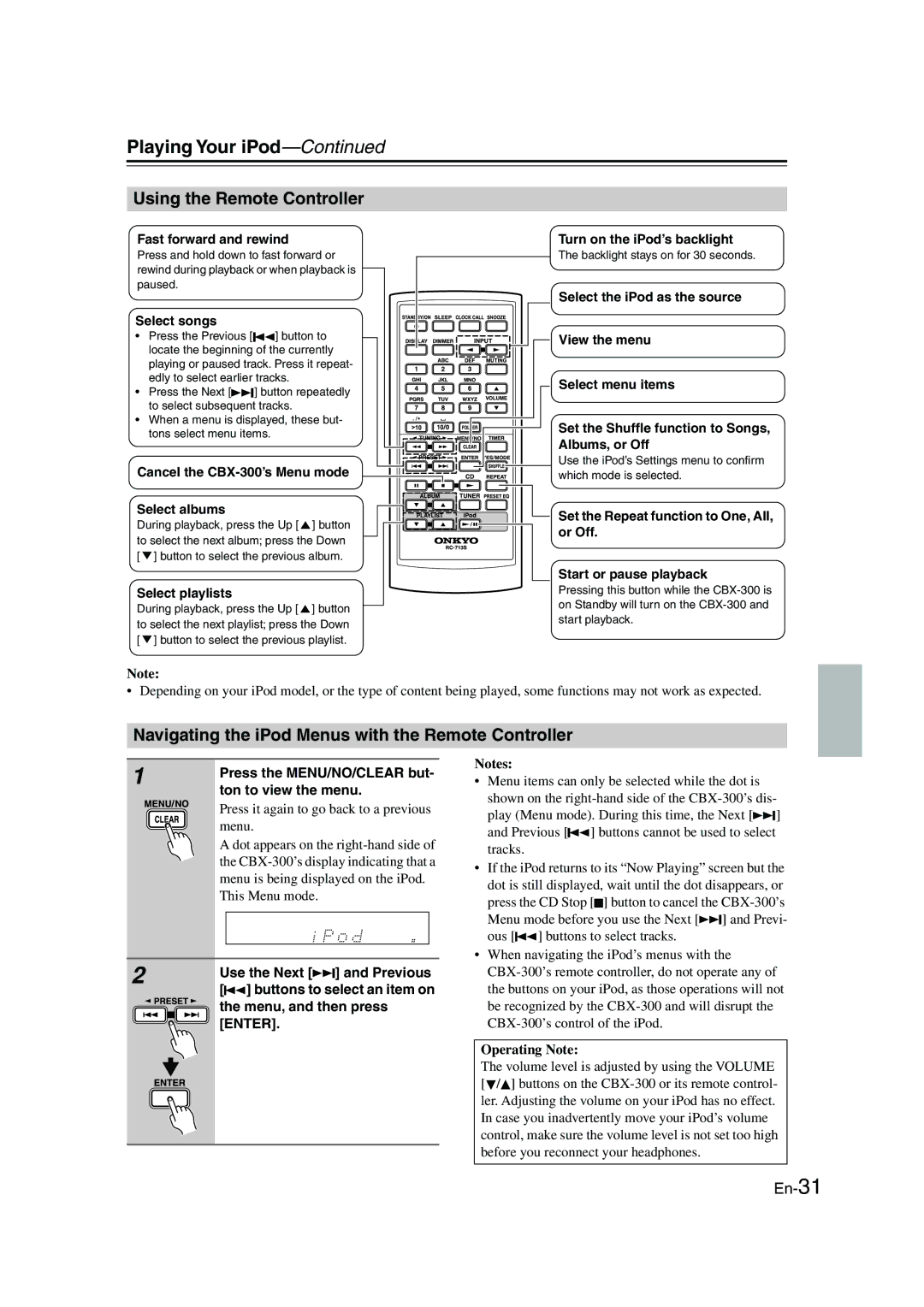 Onkyo CBX-300 instruction manual Playing Your iPod, Navigating the iPod Menus with the Remote Controller, Operating Note 