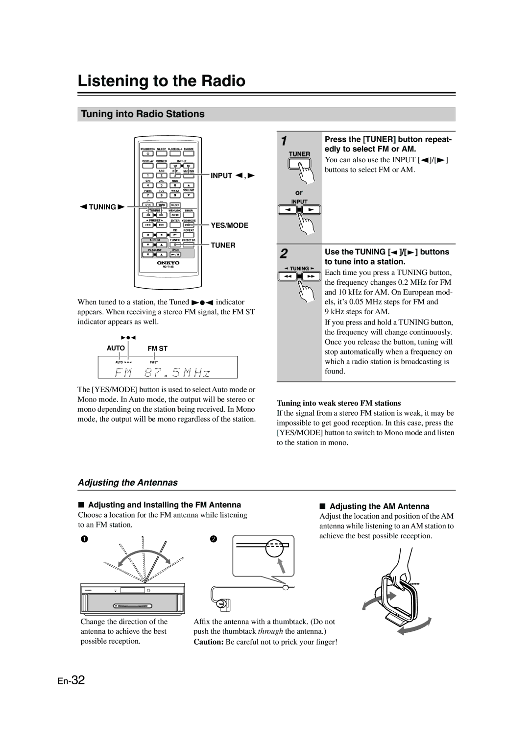 Onkyo CBX-300 instruction manual Listening to the Radio, Tuning into Radio Stations, Adjusting the Antennas 