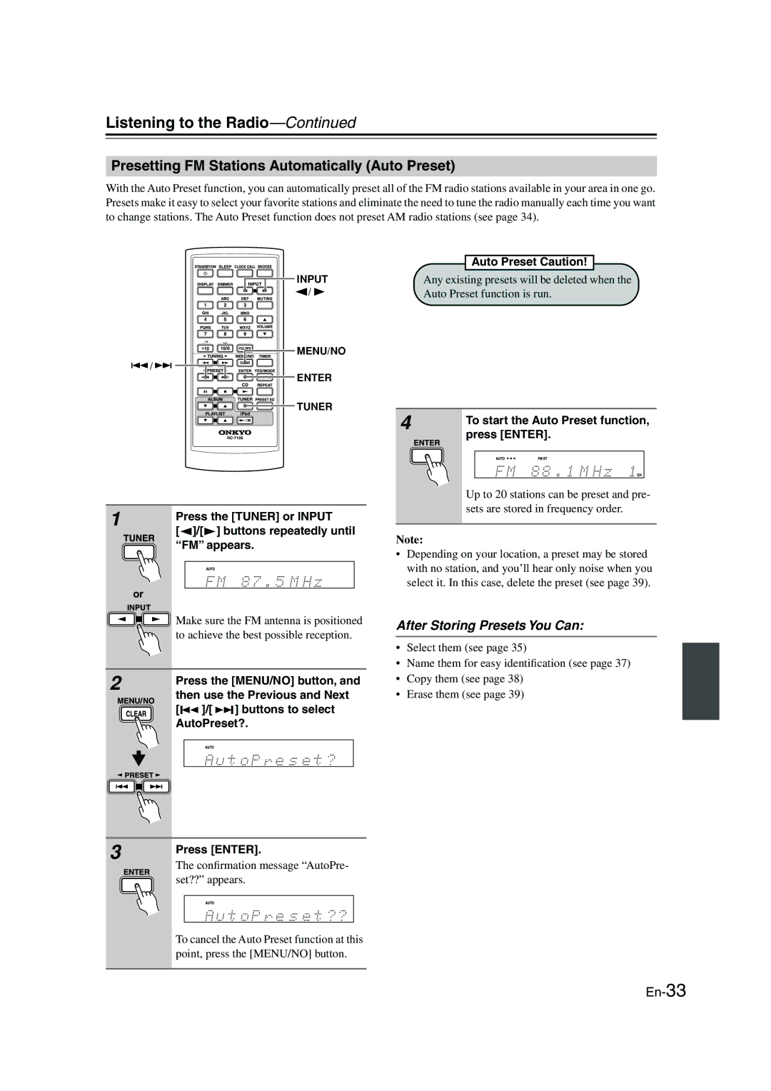 Onkyo CBX-300 Listening to the Radio, Presetting FM Stations Automatically Auto Preset, After Storing Presets You Can 