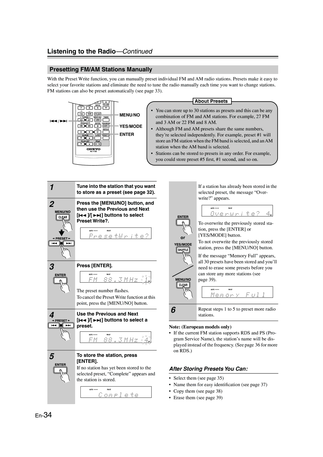 Onkyo CBX-300 instruction manual Presetting FM/AM Stations Manually 