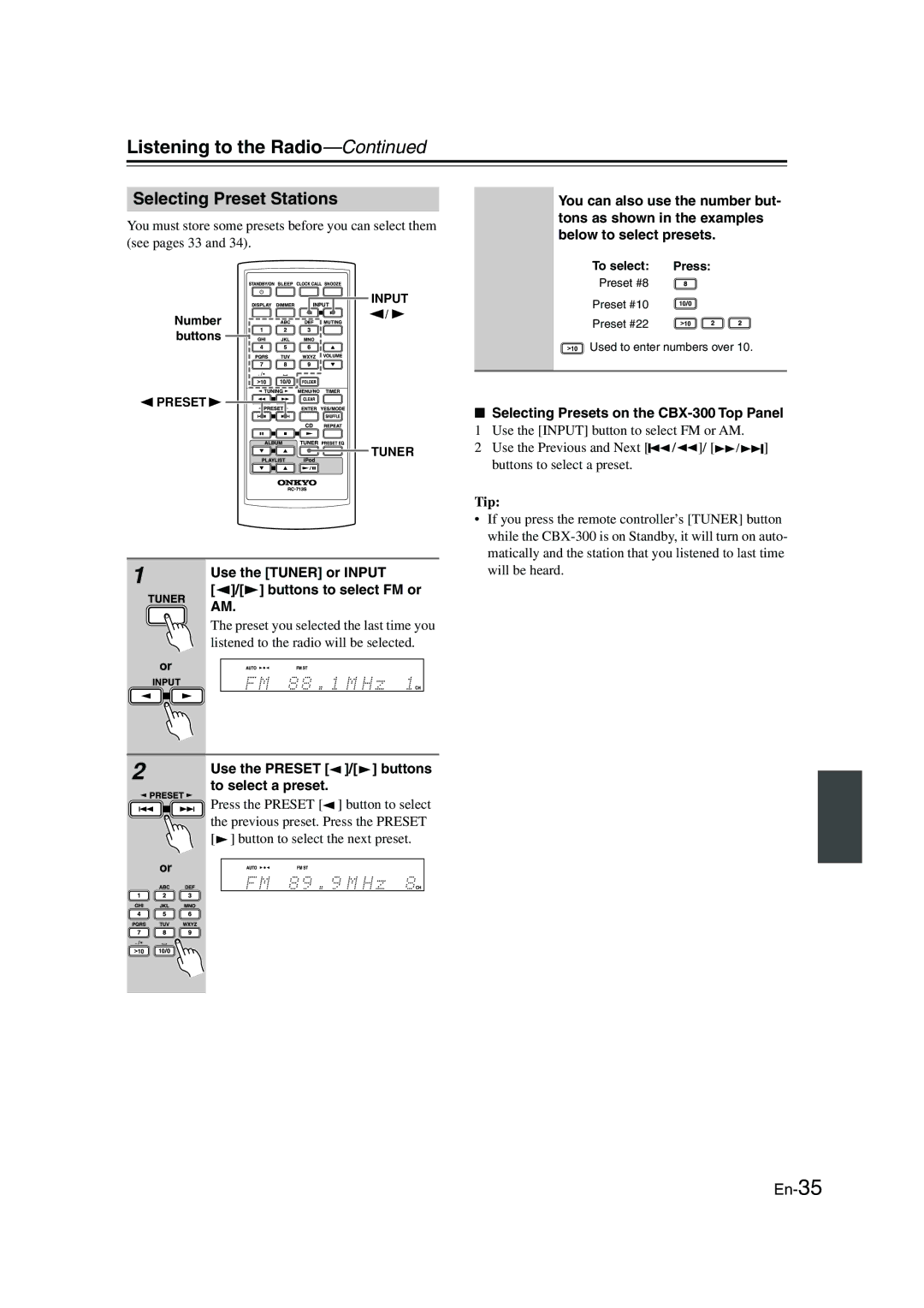 Onkyo CBX-300 instruction manual Selecting Preset Stations, Use the Tuner or Input, Buttons to select FM or 