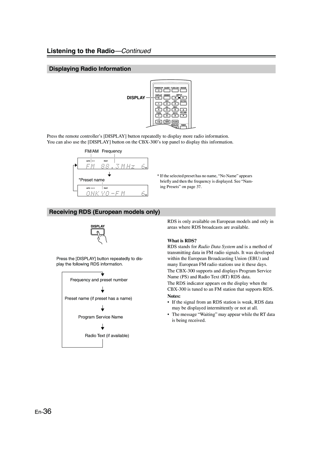 Onkyo CBX-300 instruction manual Displaying Radio Information, Receiving RDS European models only, What is RDS? 