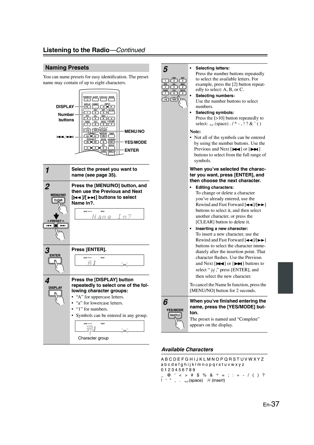 Onkyo CBX-300 instruction manual Naming Presets, Available Characters 