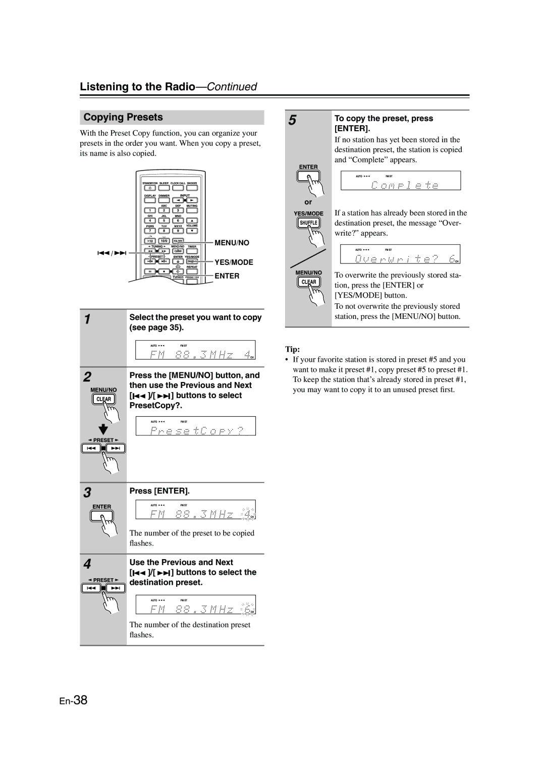 Onkyo CBX-300 Copying Presets, To copy the preset, press, See, PresetCopy? Press Enter, Destination preset 