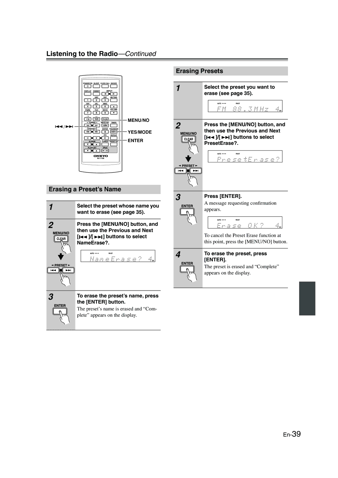 Onkyo CBX-300 instruction manual Erasing Presets, Erasing a Preset’s Name 