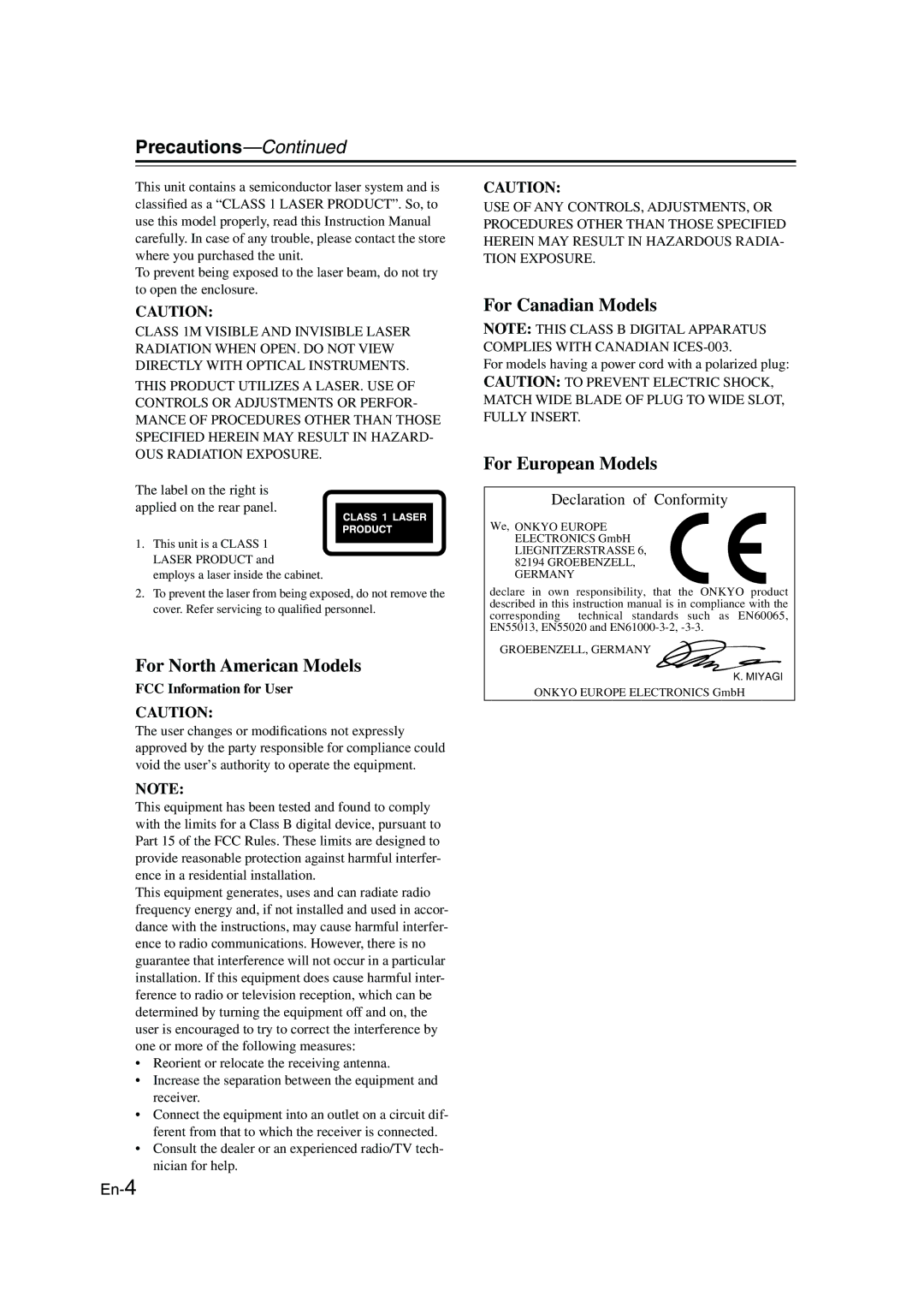 Onkyo CBX-300 instruction manual Precautions, FCC Information for User 