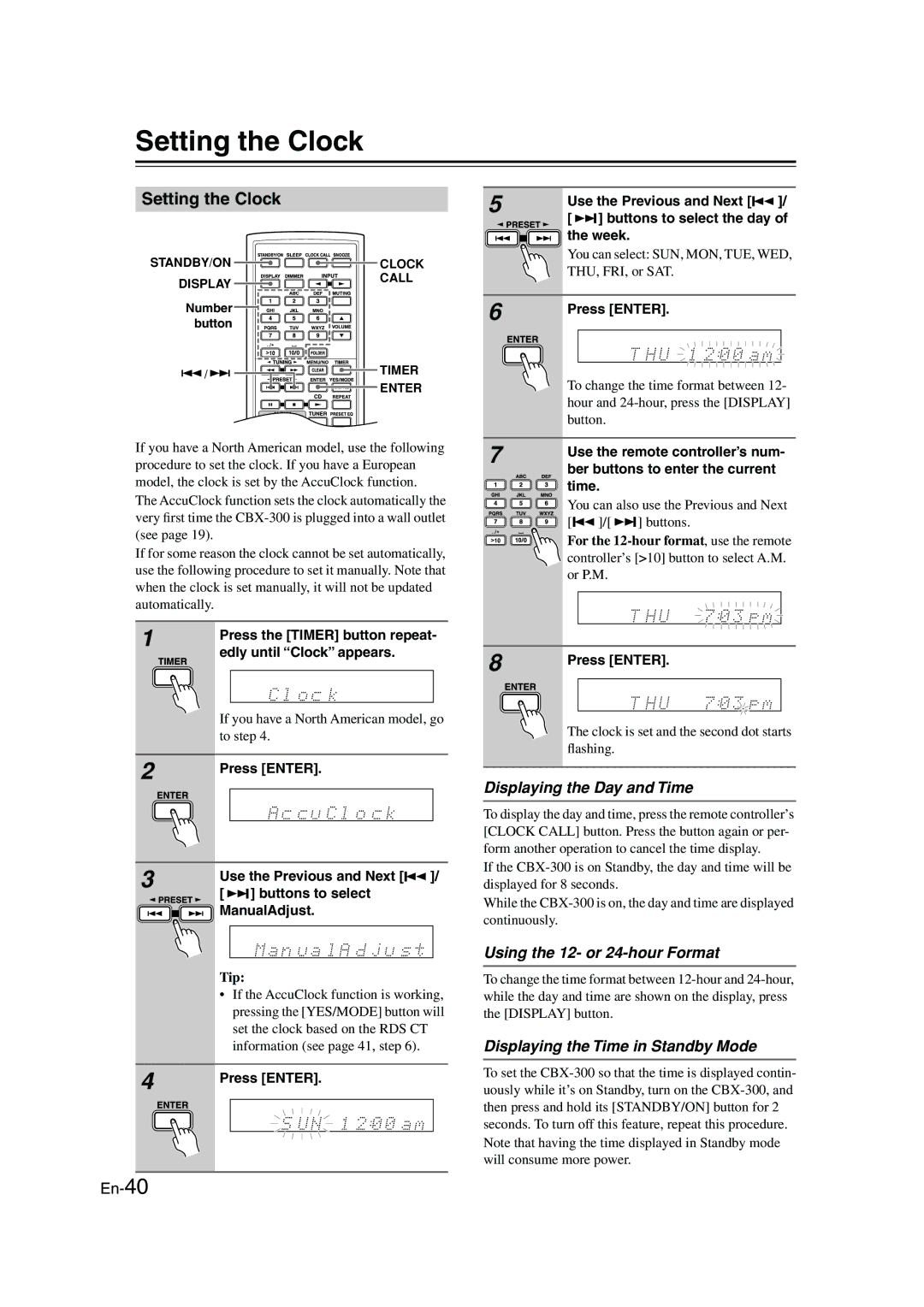 Onkyo CBX-300 instruction manual Setting the Clock, Displaying the Day and Time, Using the 12- or 24-hour Format 