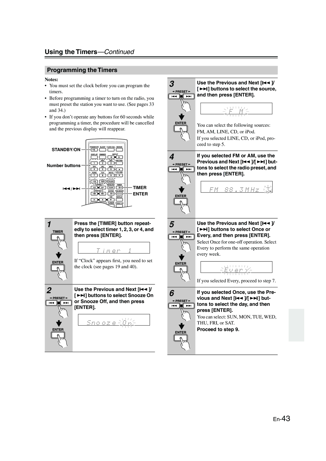 Onkyo CBX-300 instruction manual Using the Timers, Programming the Timers 