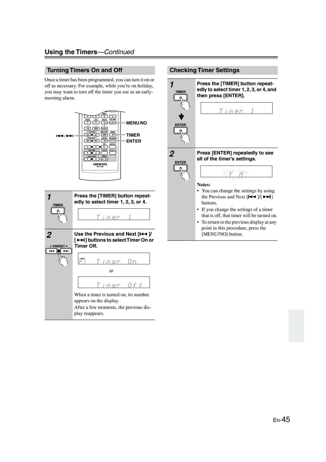 Onkyo CBX-300 instruction manual Turning Timers On and Off, Checking Timer Settings 