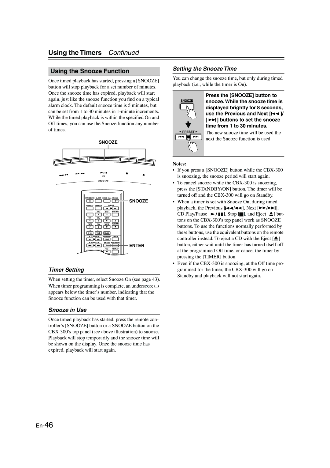 Onkyo CBX-300 instruction manual Using the Snooze Function, Timer Setting, Snooze in Use, Setting the Snooze Time 