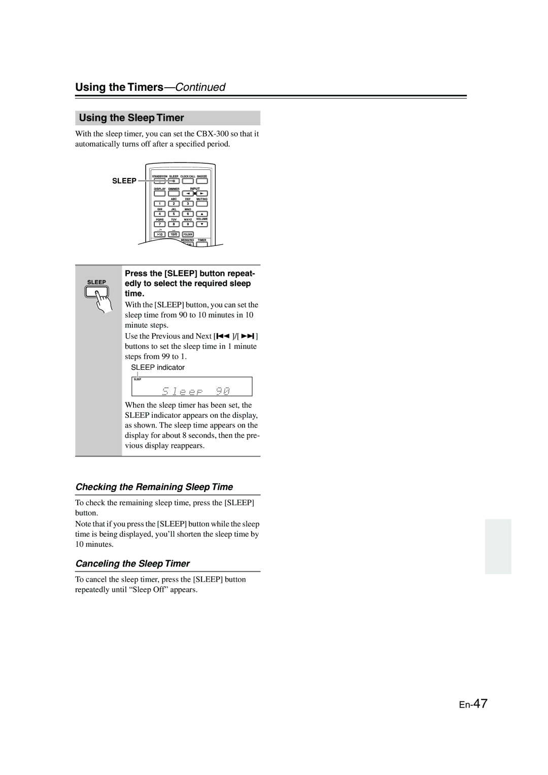 Onkyo CBX-300 instruction manual Using the Sleep Timer, Checking the Remaining Sleep Time, Canceling the Sleep Timer 