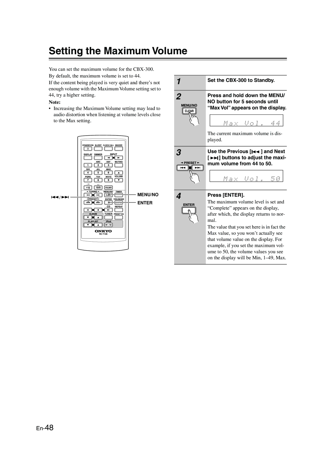 Onkyo CBX-300 instruction manual Setting the Maximum Volume 