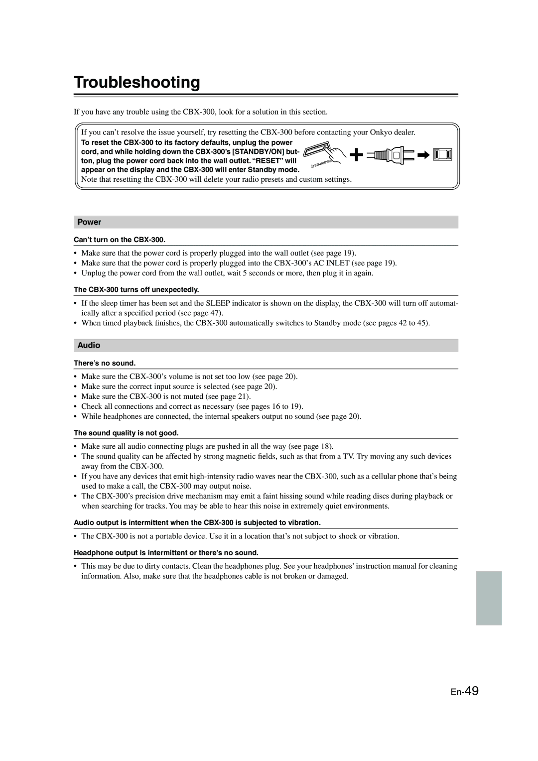 Onkyo CBX-300 instruction manual Troubleshooting, Audio 