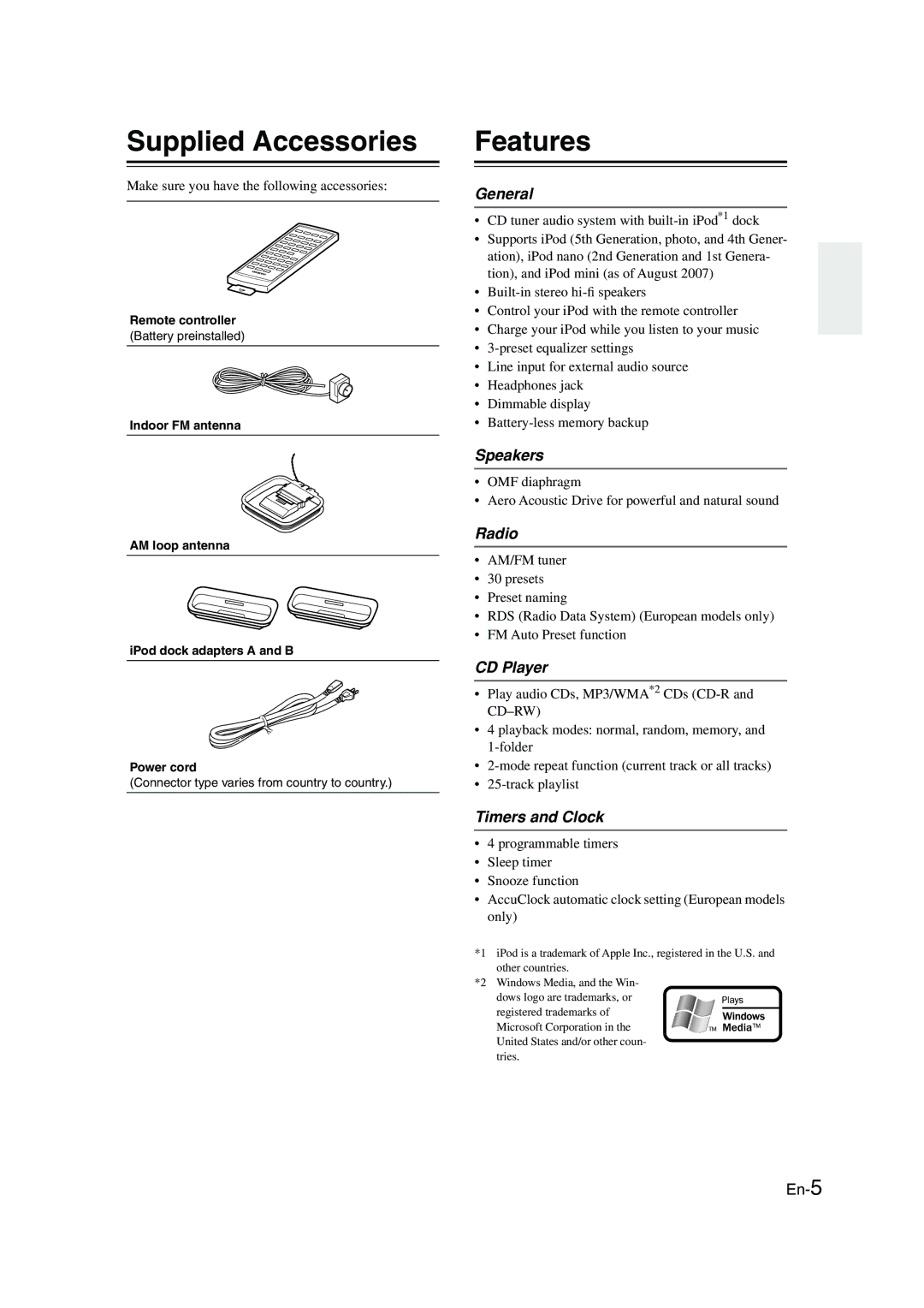 Onkyo CBX-300 instruction manual Supplied Accessories, Features 