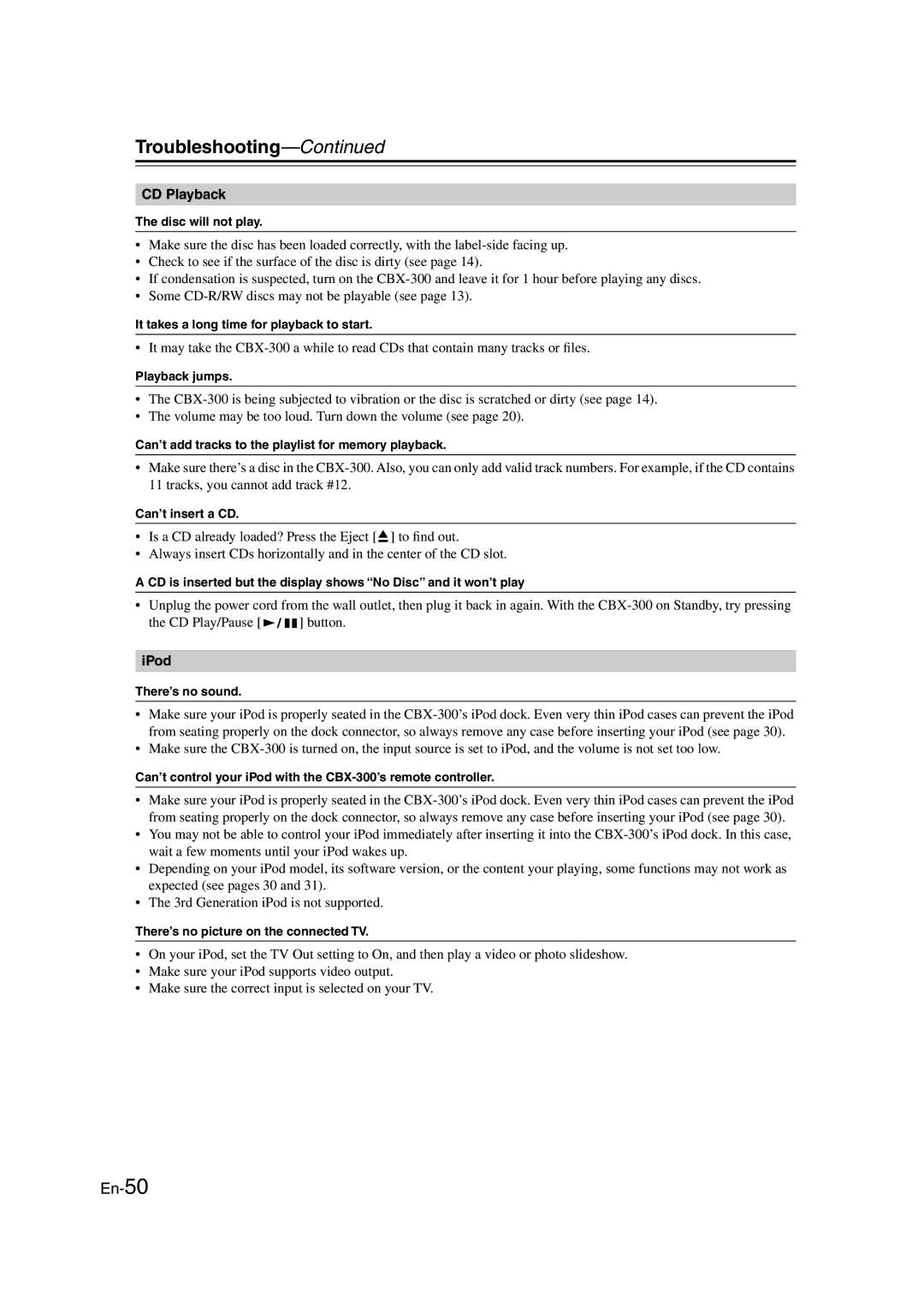 Onkyo CBX-300 instruction manual Troubleshooting, CD Playback, IPod 