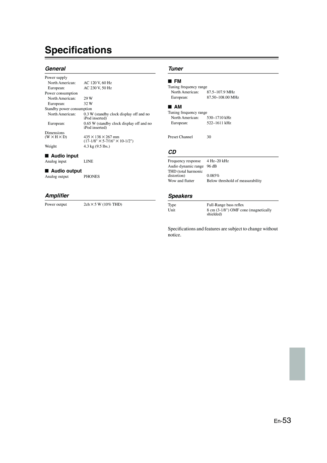 Onkyo CBX-300 instruction manual Speciﬁcations, Ampliﬁer, Tuner, Audio input, Audio output 