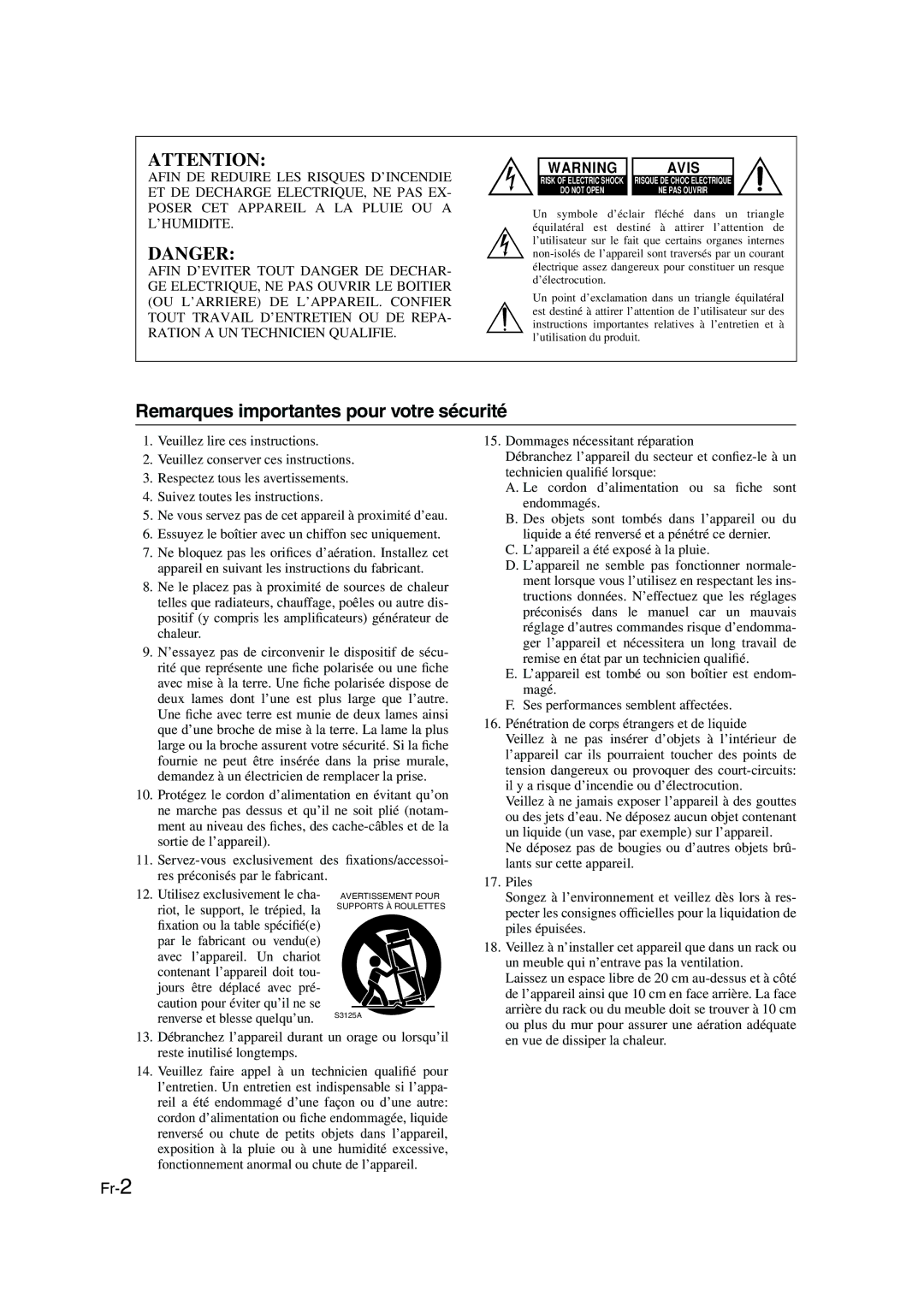 Onkyo CBX-300 instruction manual Remarques importantes pour votre sécurité, Piles 