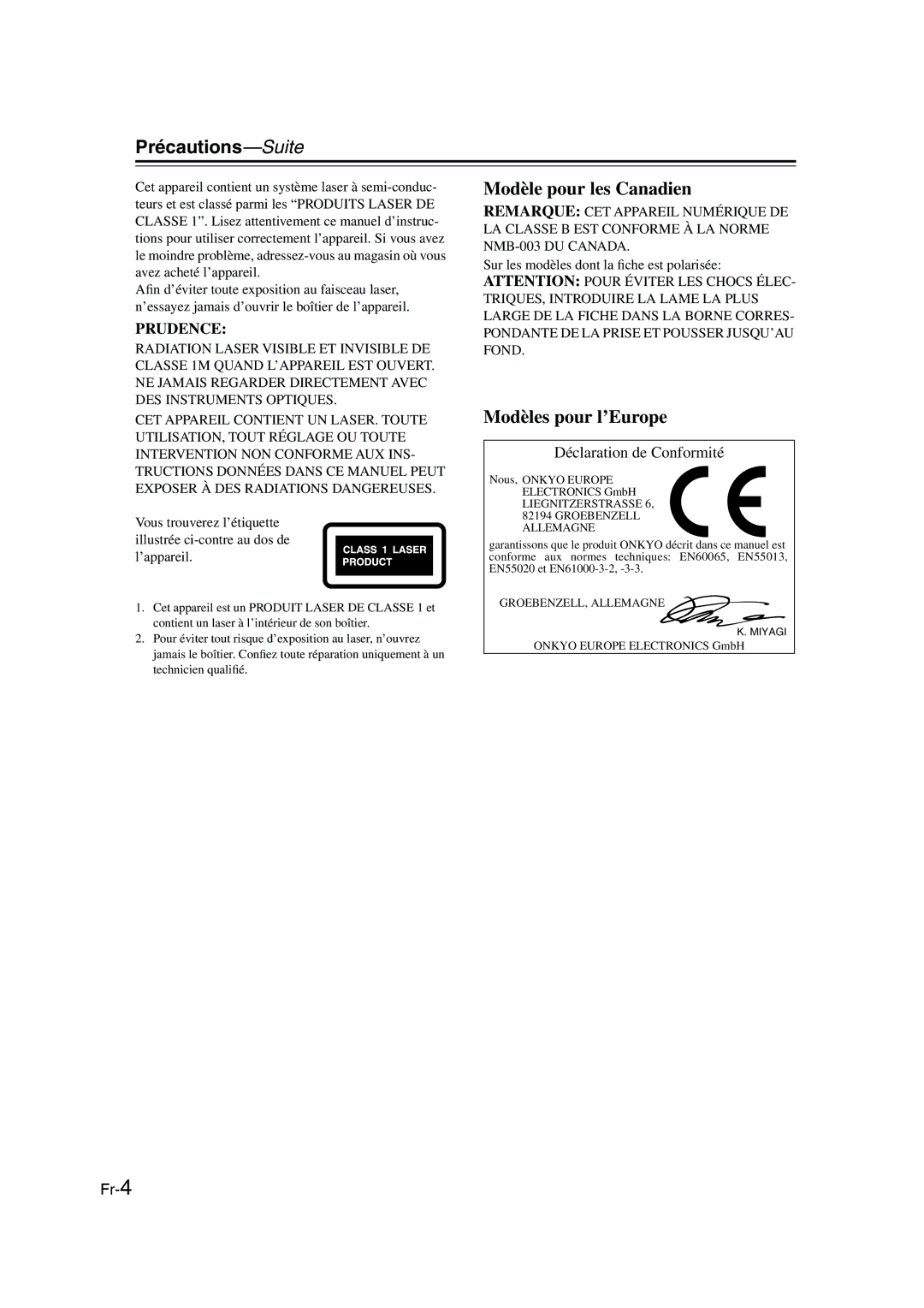 Onkyo CBX-300 instruction manual Précautions-Suite, Prudence 