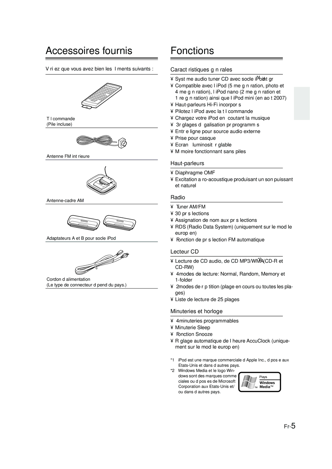 Onkyo CBX-300 instruction manual Accessoires fournis, Fonctions 