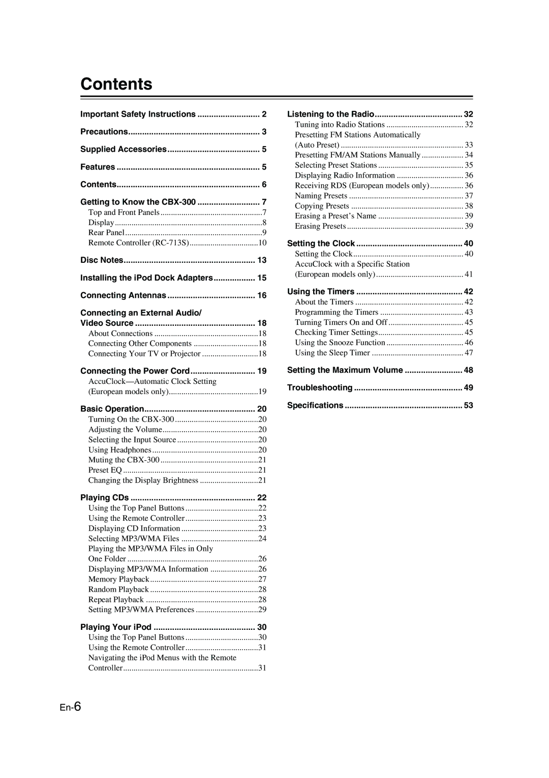 Onkyo CBX-300 instruction manual Contents 