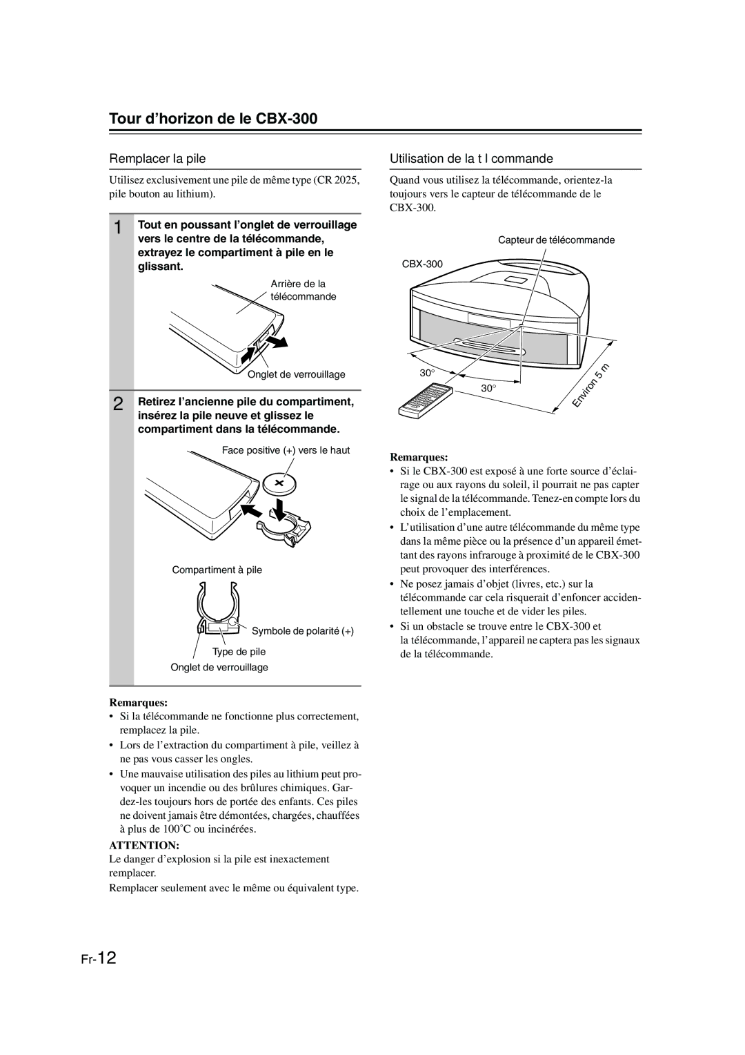 Onkyo CBX-300 instruction manual Remplacer la pile, Utilisation de la télécommande, Remarques 