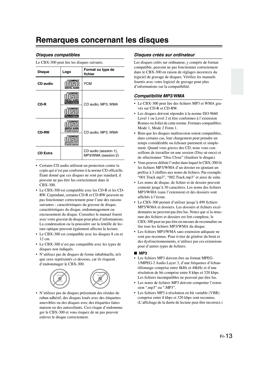 Onkyo CBX-300 Remarques concernant les disques, Disques compatibles, Disques créés sur ordinateur, Compatibilité MP3/WMA 