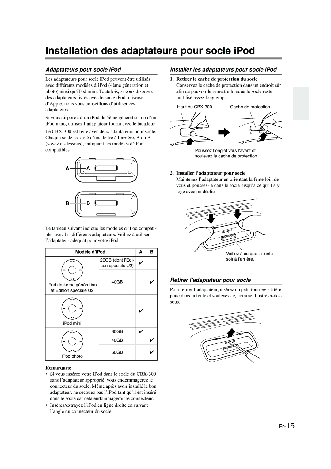 Onkyo CBX-300 Installation des adaptateurs pour socle iPod, Adaptateurs pour socle iPod, Retirer l’adaptateur pour socle 