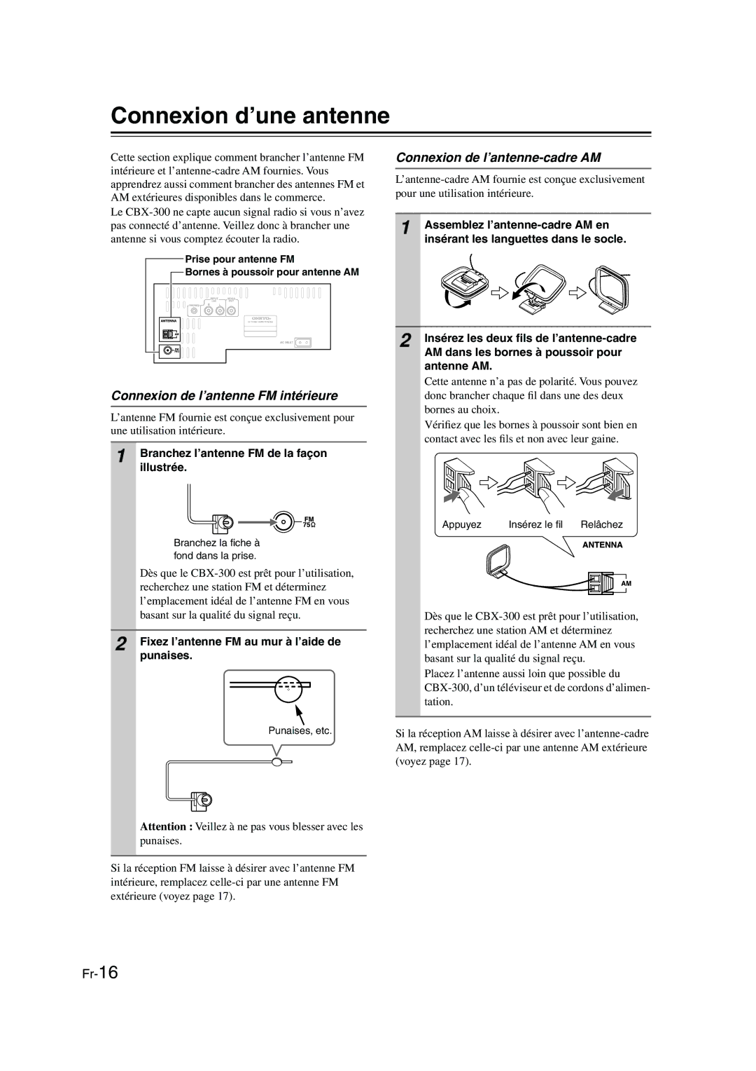 Onkyo CBX-300 Connexion d’une antenne, Connexion de l’antenne-cadre AM, Connexion de l’antenne FM intérieure 