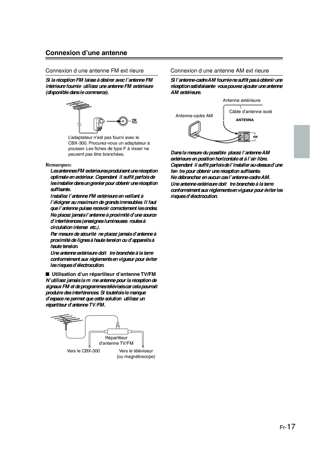 Onkyo CBX-300 Connexion d’une antenne-Suite, Connexion d’une antenne FM extérieure, Connexion d’une antenne AM extérieure 