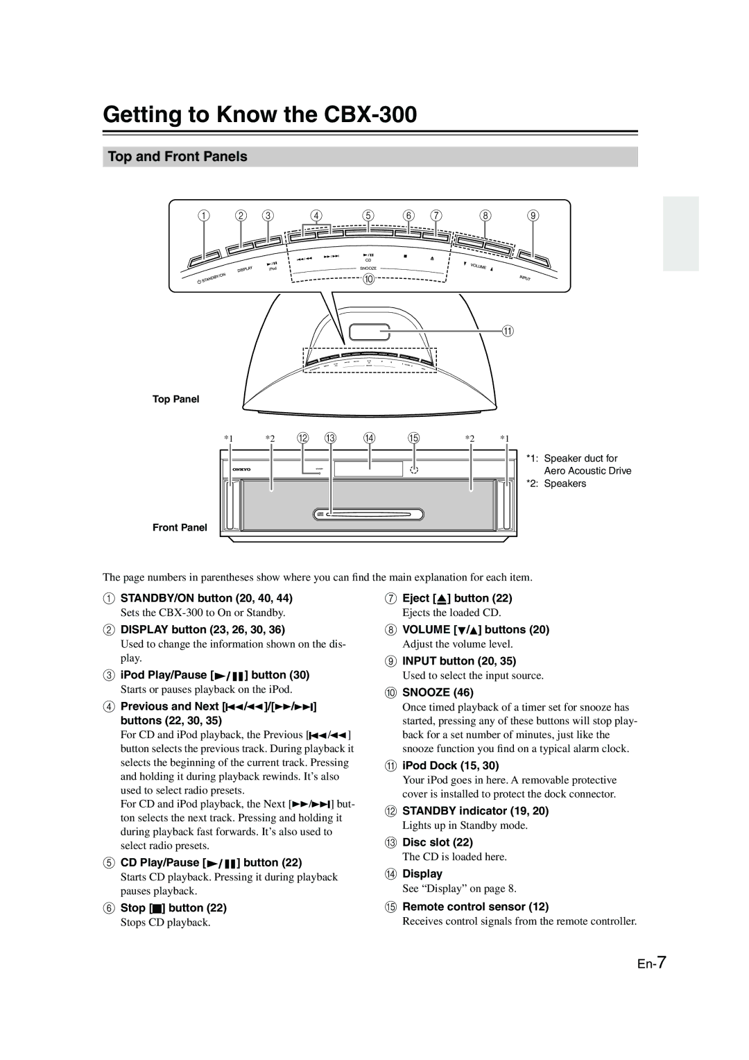 Onkyo instruction manual Getting to Know the CBX-300, Top and Front Panels 