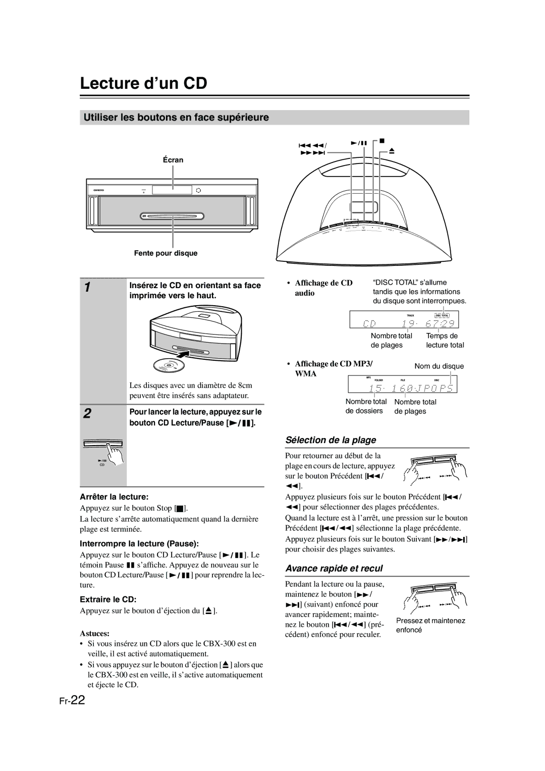 Onkyo CBX-300 Lecture d’un CD, Utiliser les boutons en face supérieure, Sélection de la plage, Avance rapide et recul 