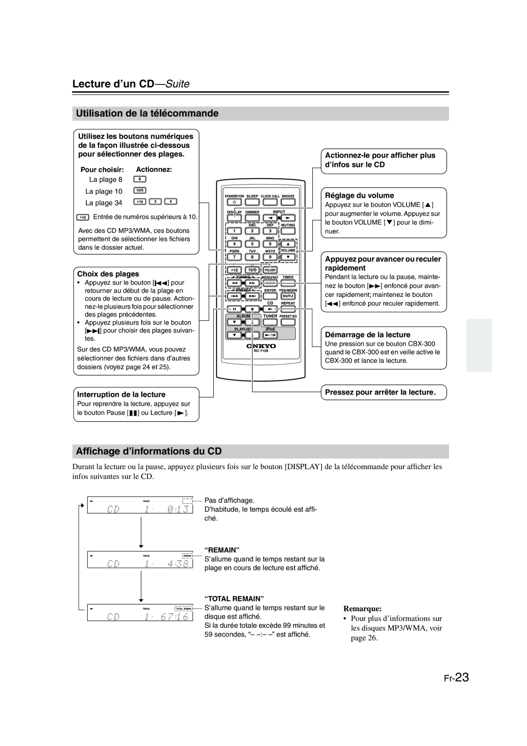 Onkyo CBX-300 Lecture d’un CD-Suite, Utilisation de la télécommande, Afﬁchage d’informations du CD, Remarque 